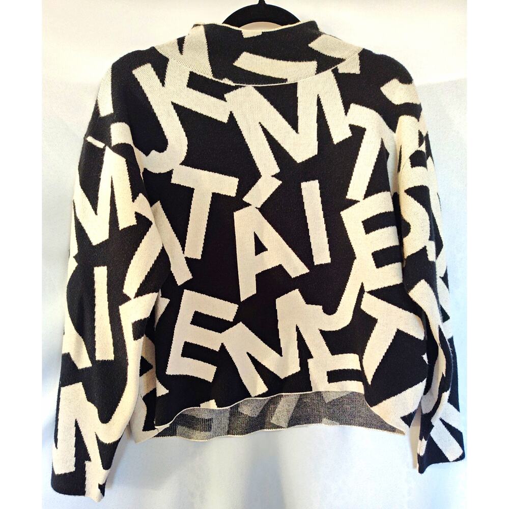 Maeve by Anthropologie Alphabet Typographic Mock Neck Crop Sweater XS Blk White